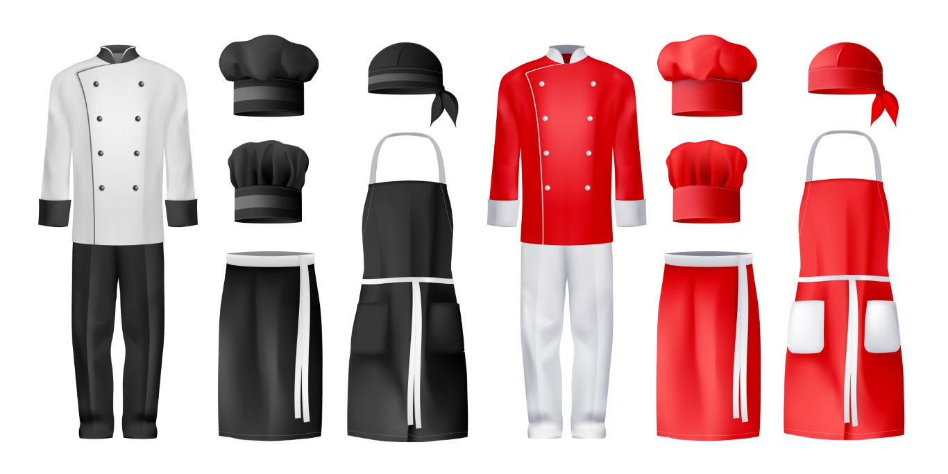 Realistic culinary chef uniforms in black and red