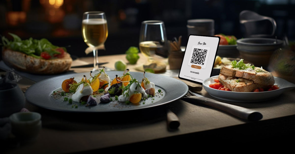 A restaurant table with the daily special of the chef and a QR code on the table to Call The Service