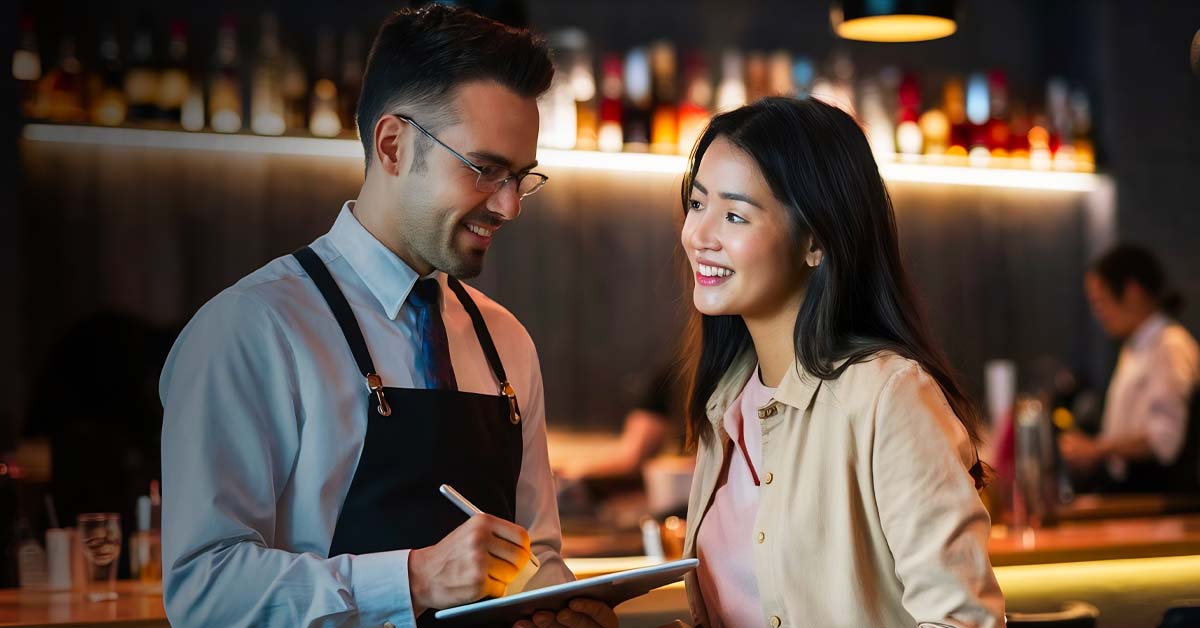 A waiter and a patron maintain a good client relationship as they smile at each other.