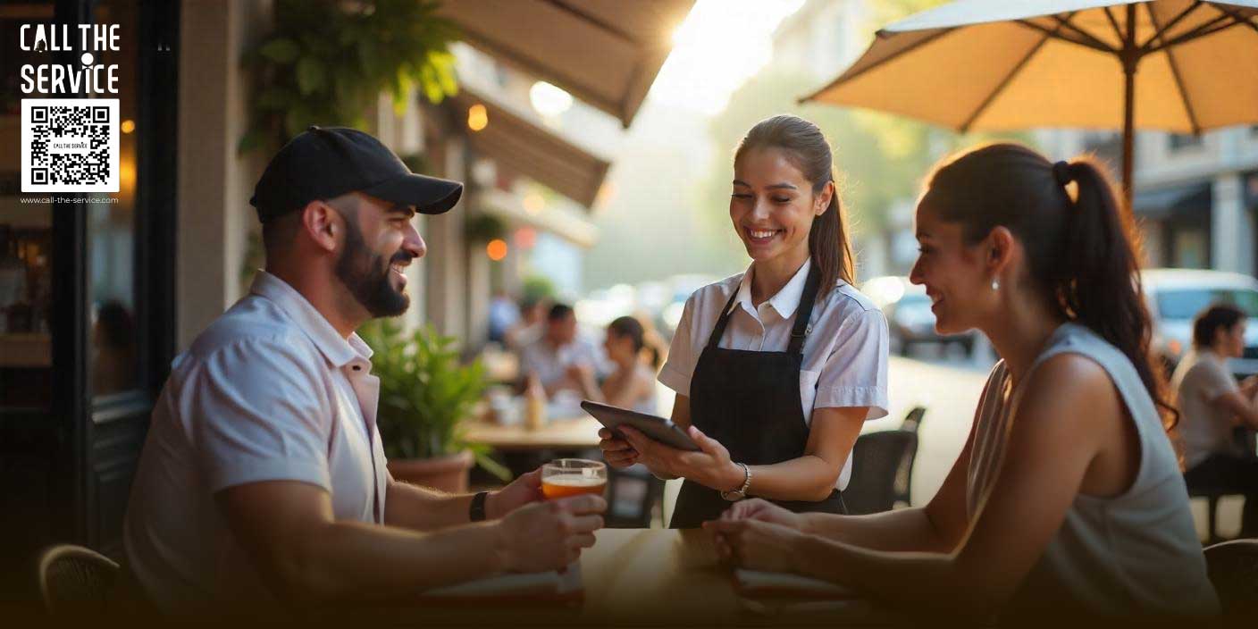 Smiling waiter taking order of guests